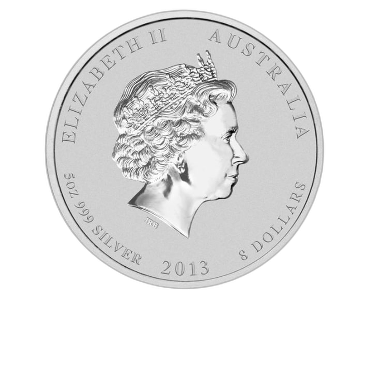 5 Troy ounce silver Lunar coin 2013 - year of the snake angle 1