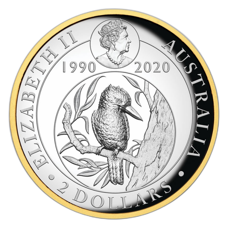 2 troy ounce gold gilded silver coin Kookaburra 2020 Proof angle 2