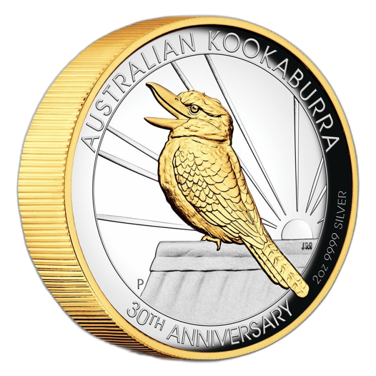 2 troy ounce gold gilded silver coin Kookaburra 2020 Proof angle 3