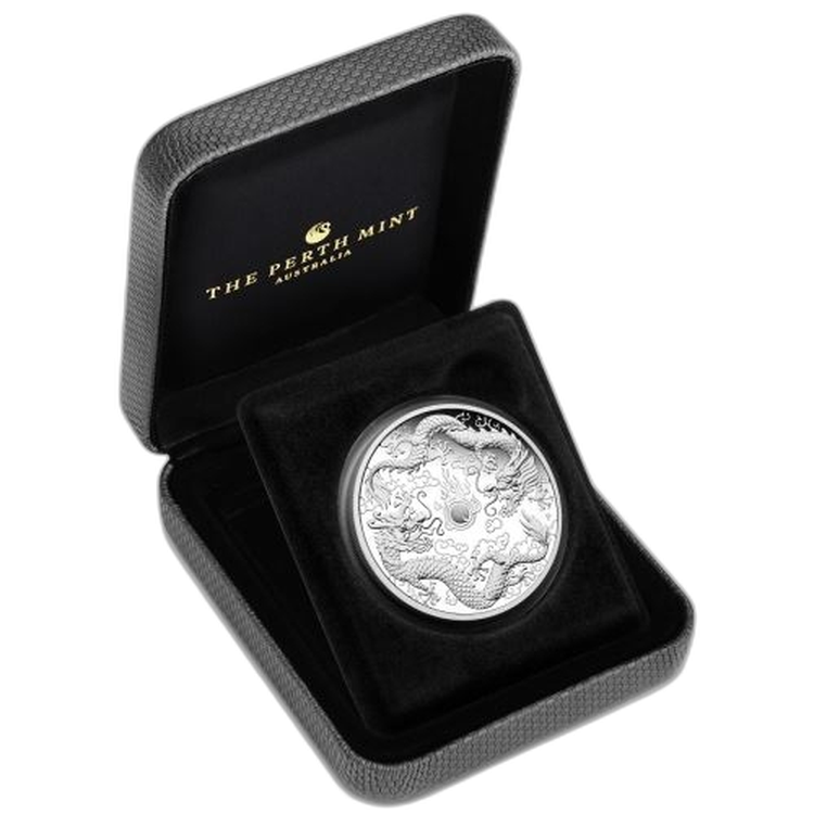 1 Troy ounce zilveren munt Double Dragon Proof 2020 perspectief 1