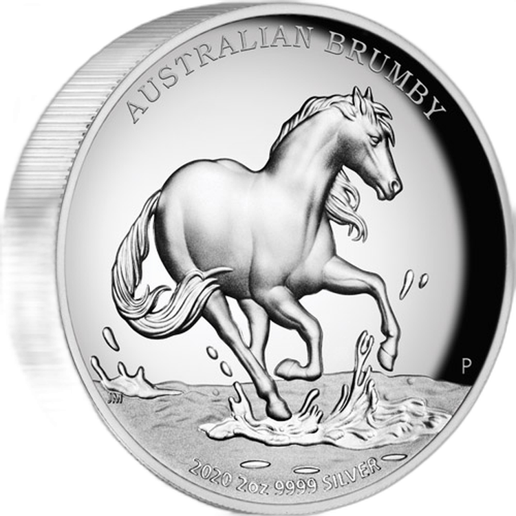 2 troy ounce zilveren munt Australische Brumby 2020 Proof perspectief 1