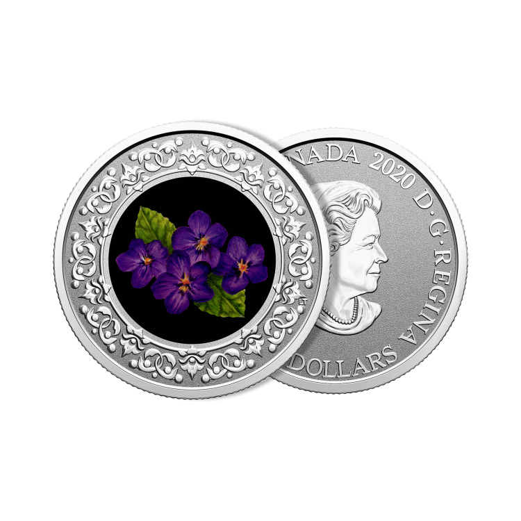 Silver coin Floral Emblems of Canada Purple Violet angle 1