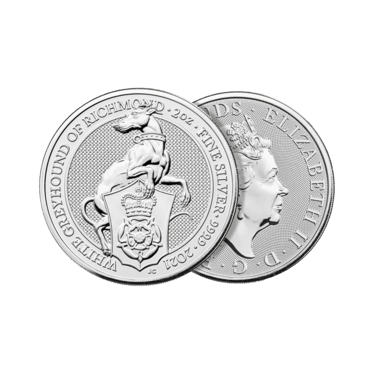 2 Troy ounce zilveren munt Queens Beasts White Greyhound perspectief 1