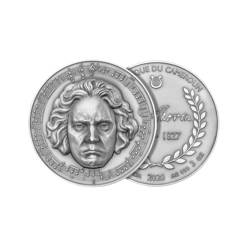 3 troy ounce zilveren munt Beethoven - antieke afwerking 2020 voorkant