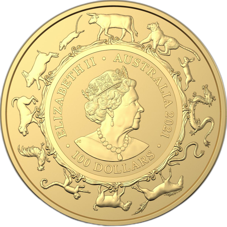 1 troy ounce gouden munt Lunar RAM serie Os 2021 achterkant