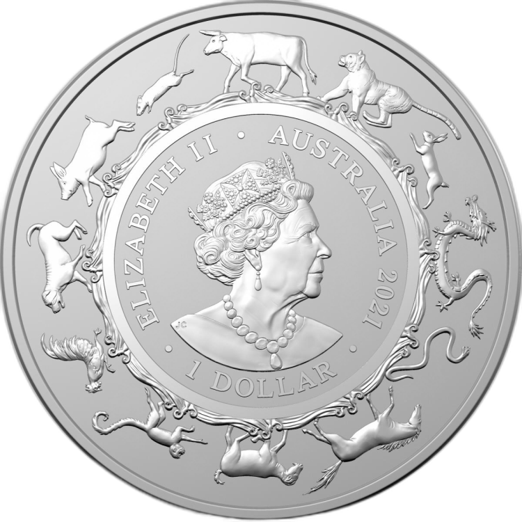 1 troy ounce zilveren munt Lunar RAM serie Os 2021 achterkant