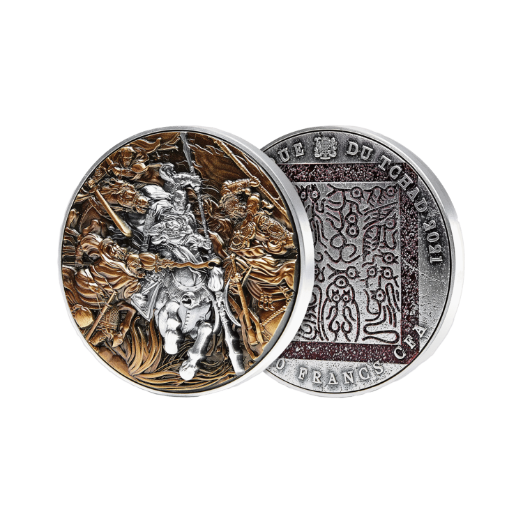 2 troy ounce zilveren munt Lü Bü strijd 3 helden 2021 - antieke afwerking perspectief 2