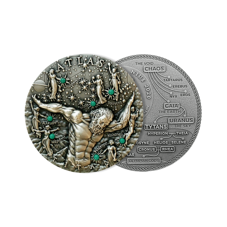 2 troy ounce zilveren munt Titanen Atlas 2020 perspectief 1