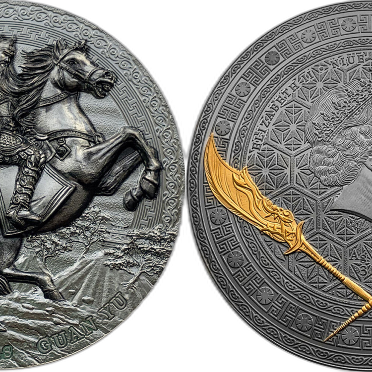 3 troy ounce zilveren munt vijf tijger generaal Guan Yu 2020 perspectief 1