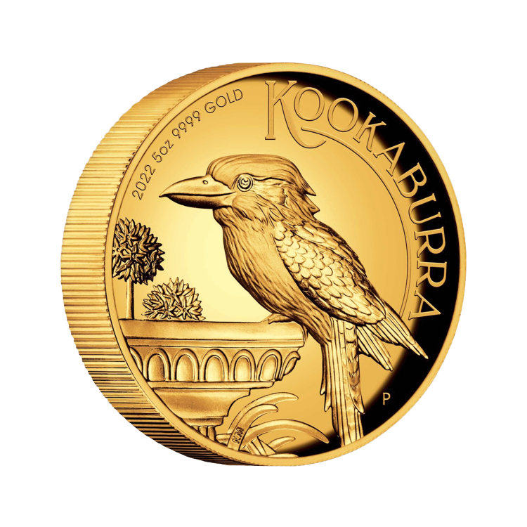 5 troy ounce gold coin Kookaburra 2021 Proof angle 1