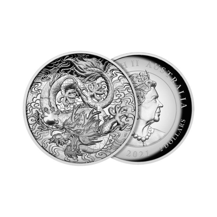 2 troy ounce zilveren munt mythen en legendes dragon 2021 Proof perspectief 1