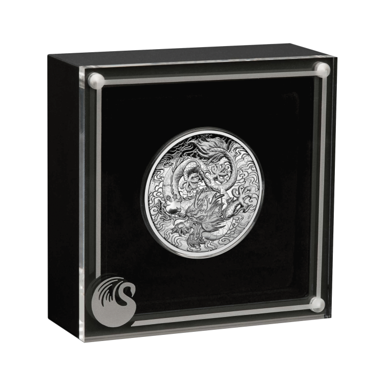 2 troy ounce zilveren munt mythen en legendes dragon 2021 Proof perspectief 3