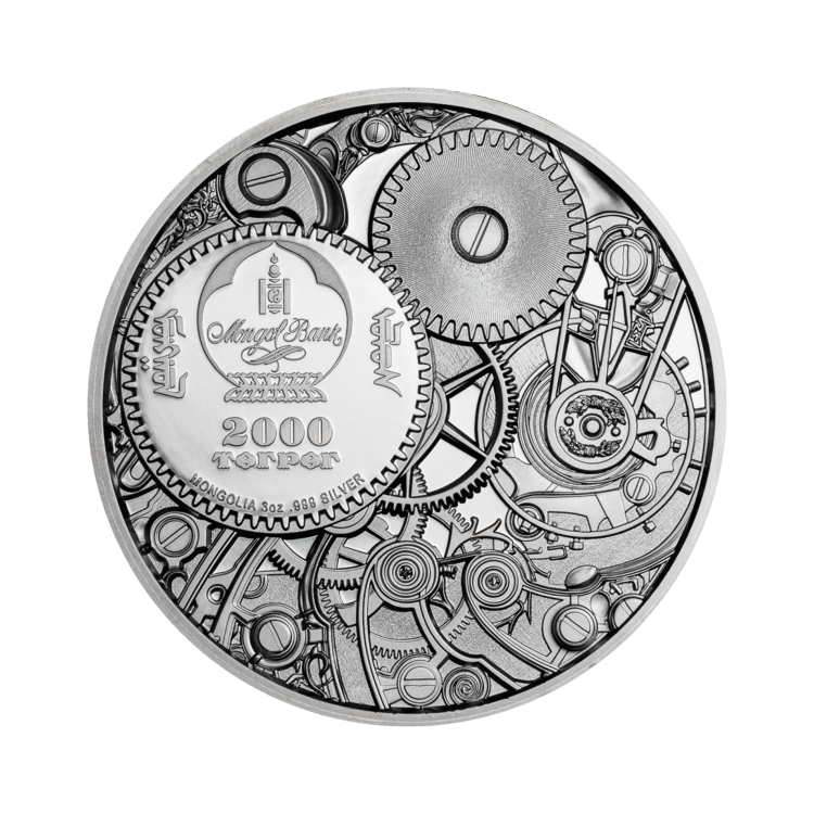3 troy ounce zilveren munt evolutie van het uurwerk - mechanische bij 2020 achterkant