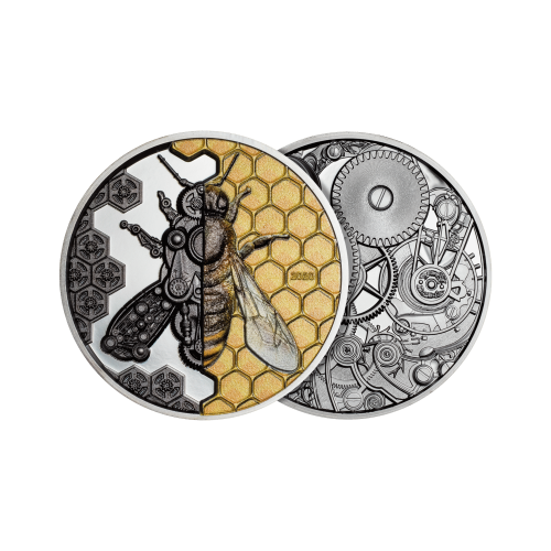 3 troy ounce silver coin clockwork evolution - mechanical bee 2020 front