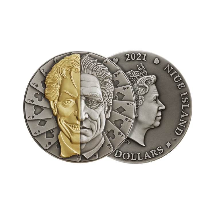 2 troy ounce zilveren munt masker 2021 - antieke afwerking perspectief 2