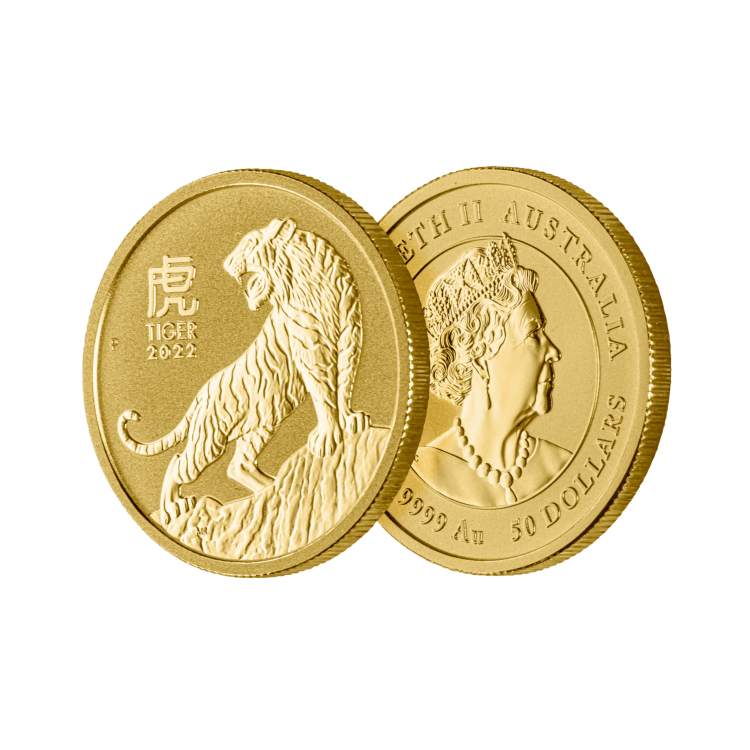 1/2 Troy ounce gouden munt Lunar 2022 perspectief 2