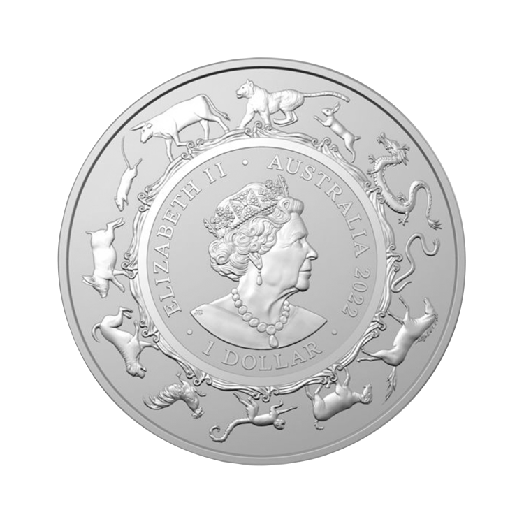 1 troy ounce zilveren munt Lunar RAM serie Tijger 2022 achterkant