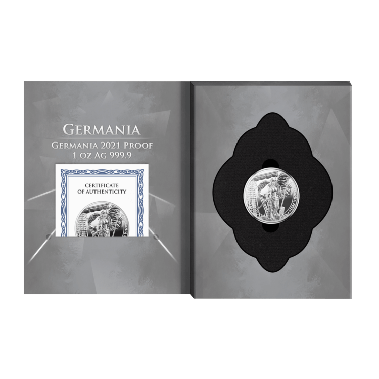 1 Troy ounce silver coin Germania 2021 Proof angle 3