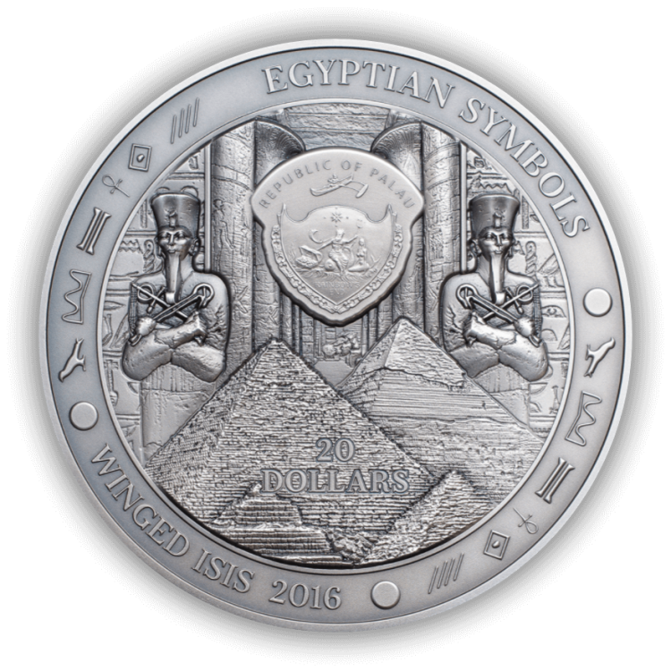 3 Troy ounce zilveren Egyptische Godin Isis munt 2016 perspectief 1