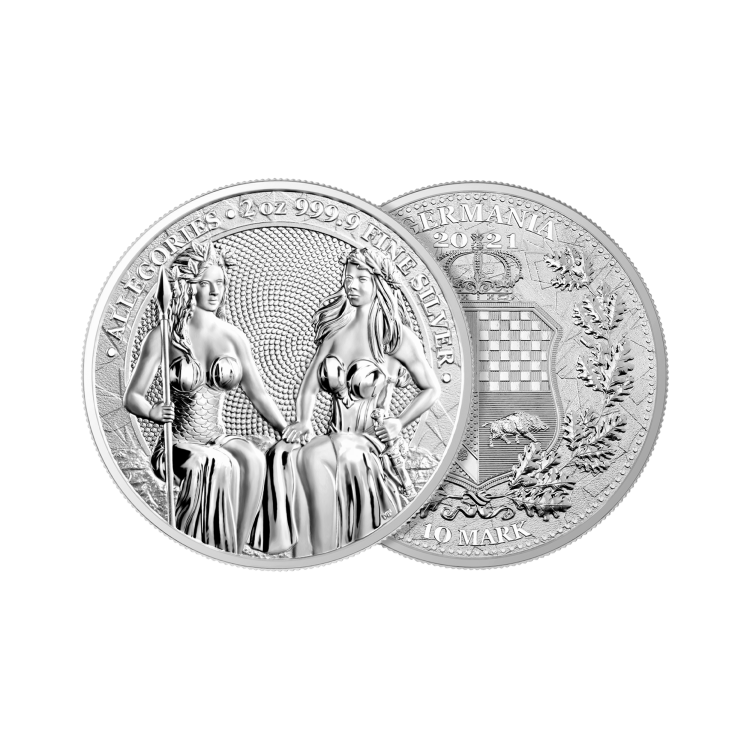 2 troy ounce zilveren munt Germania Allegories 2021 perspectief 1