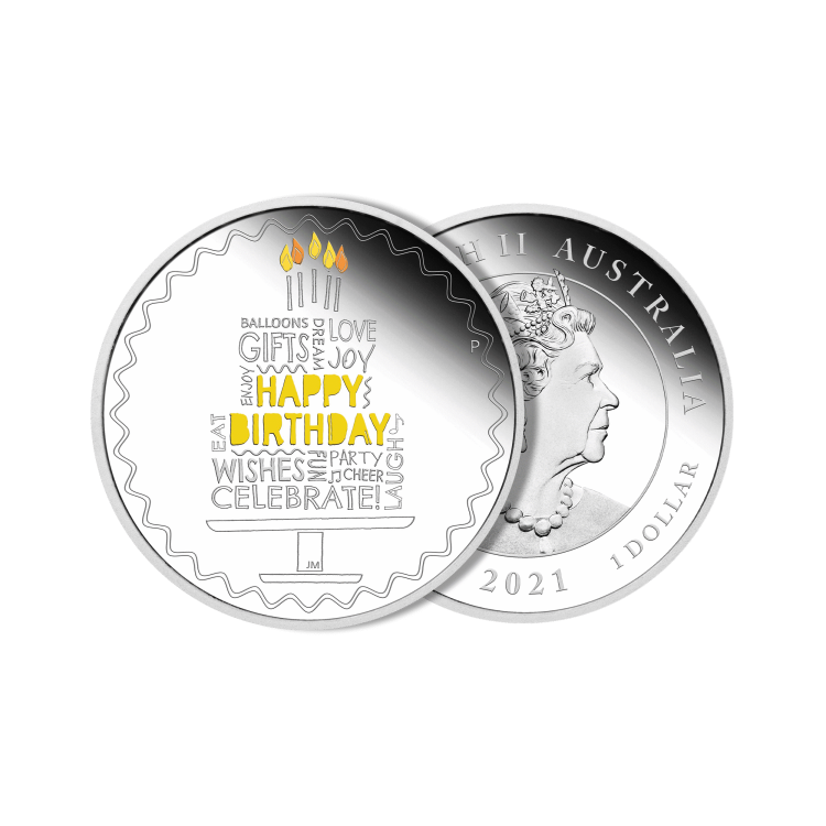 1 troy ounce zilveren munt Happy Birthday 2022 Proof perspectief 1