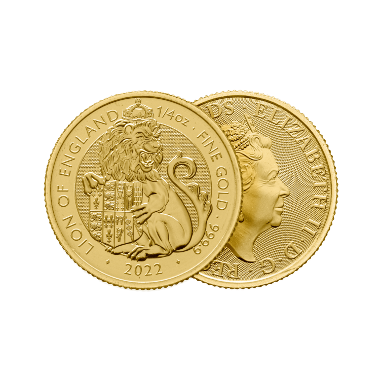 1/4 troy ounce gouden Tudor Beasts Lion munt 2022 perspectief 1