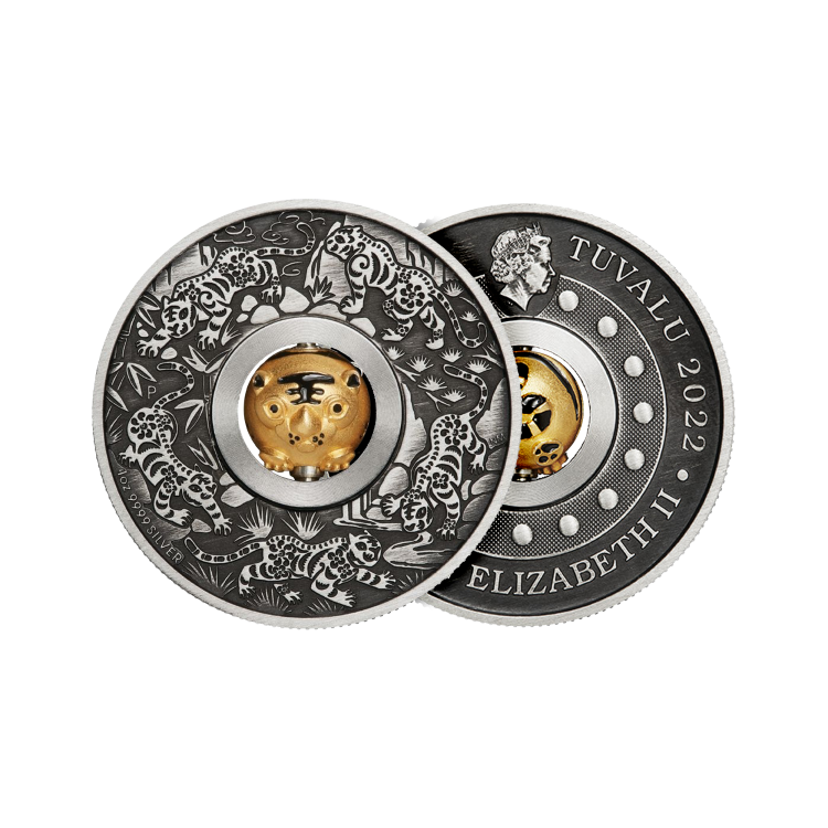 1 troy ounce zilveren munt Lunar jaar van de tijger Rotating Charme 2022 perspectief 1