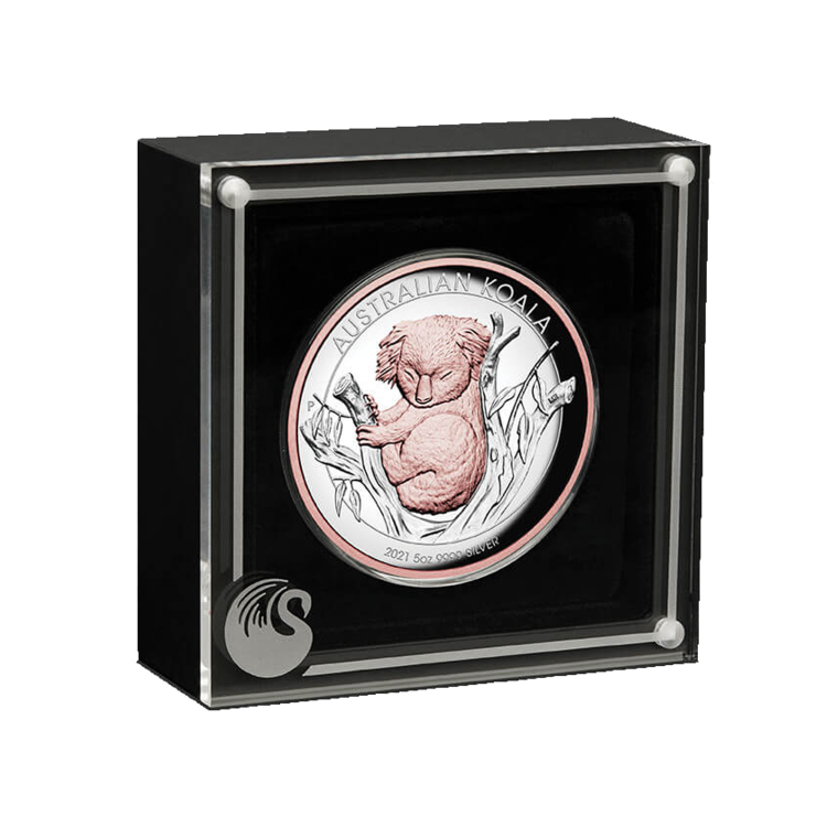 5 troy ounce zilveren munt Koala Verguld hoog Reliëf 2021 perspectief 1