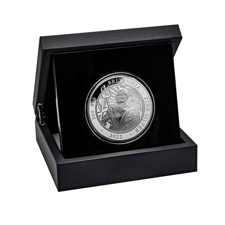 5 troy ounce zilveren munt Britannia 2022 Proof perspectief 2