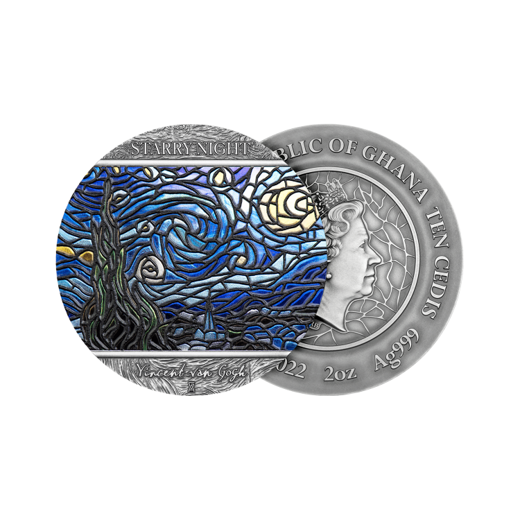 2 troy ounce zilveren munt Vincent van Gogh Sterrennacht 2022 perspectief 1