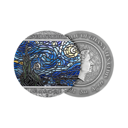 2 troy ounce zilveren munt Vincent van Gogh Sterrennacht 2022 voorkant