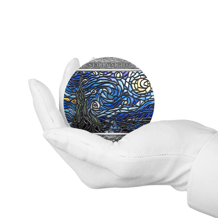 2 troy ounce zilveren munt Vincent van Gogh Sterrennacht 2022 perspectief 4