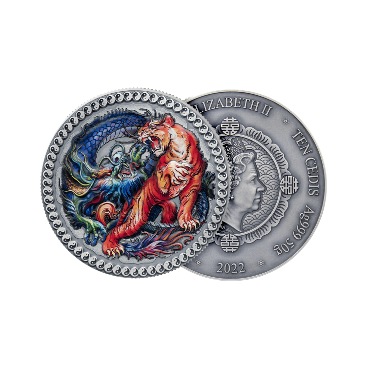 50 gram zilveren munt tijger & draak 2022 perspectief 1