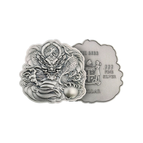 2 troy ounce Silver coin Fiji Dragon Shaped High Relief Antiqued 2022 front