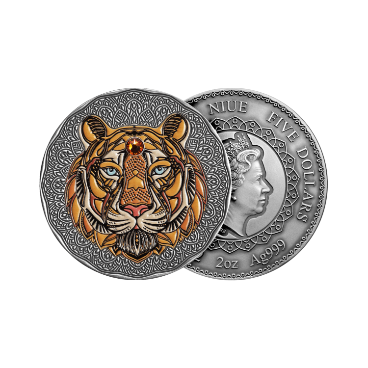 2 troy ounce zilveren munt Mandala Tijger antieke afwerking 2022 perspectief 1