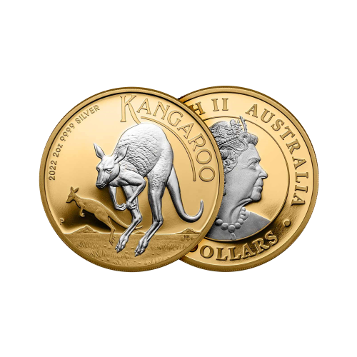 2 troy ounce Silver coin Australian kangaroo 2022 reverse gilded front