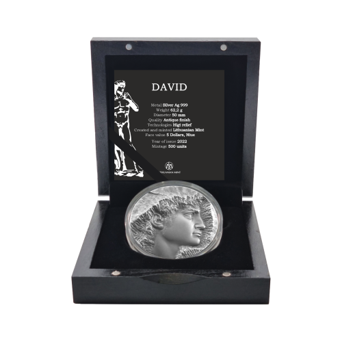 2 troy ounce Silver coin David antique finish front