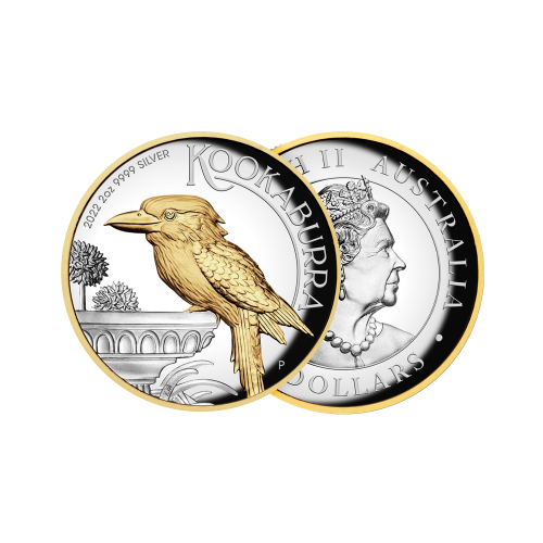 2 troy ounce silver coin Kookaburra gilded 2022 front