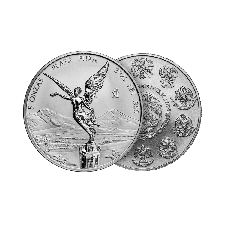 5 troy ounce silver coin Mexican Libertad 2022 angle 1