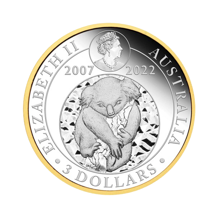 3 troy ounce silver coin Koala gilded 2022 - 15-year  anniversary back