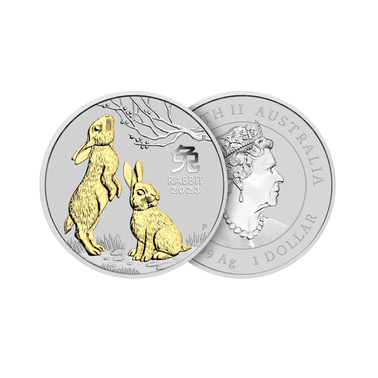 1 troy ounce silver coin Lunar 2023 gilded angle 1