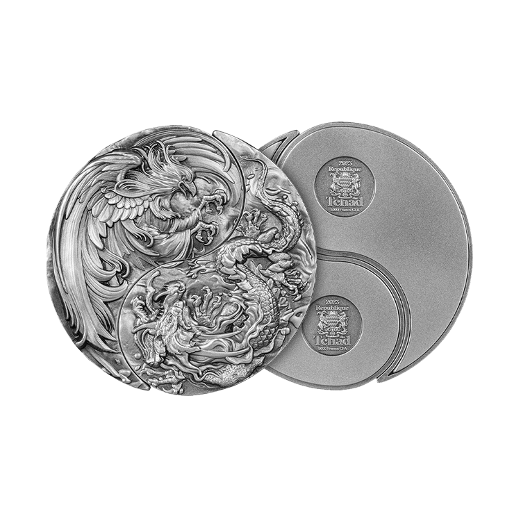 2-piece set of silver coins Yin Yang antique finish angle 1