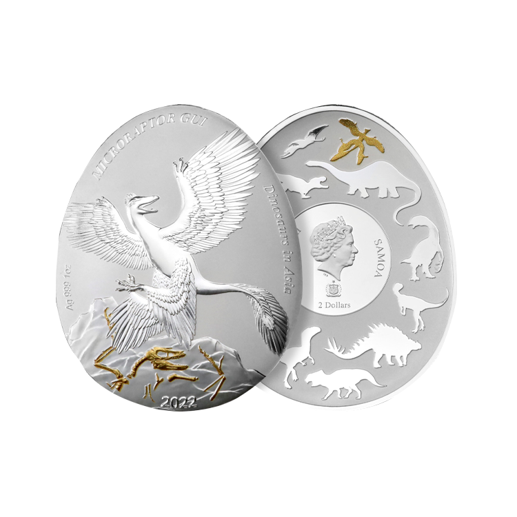 1 troy ounce zilveren munt Dinosauriërs in Azië – Microraptor Gui perspectief 1