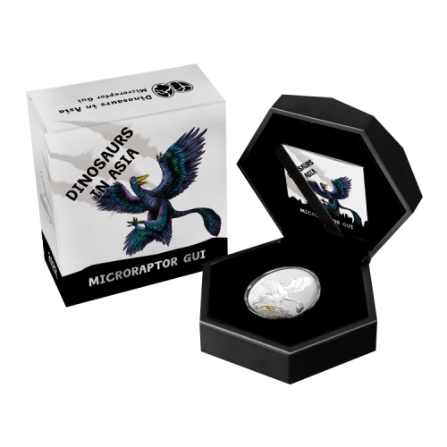 1 troy ounce silver coin Dinosaurs in Asia – Microraptor Gui front