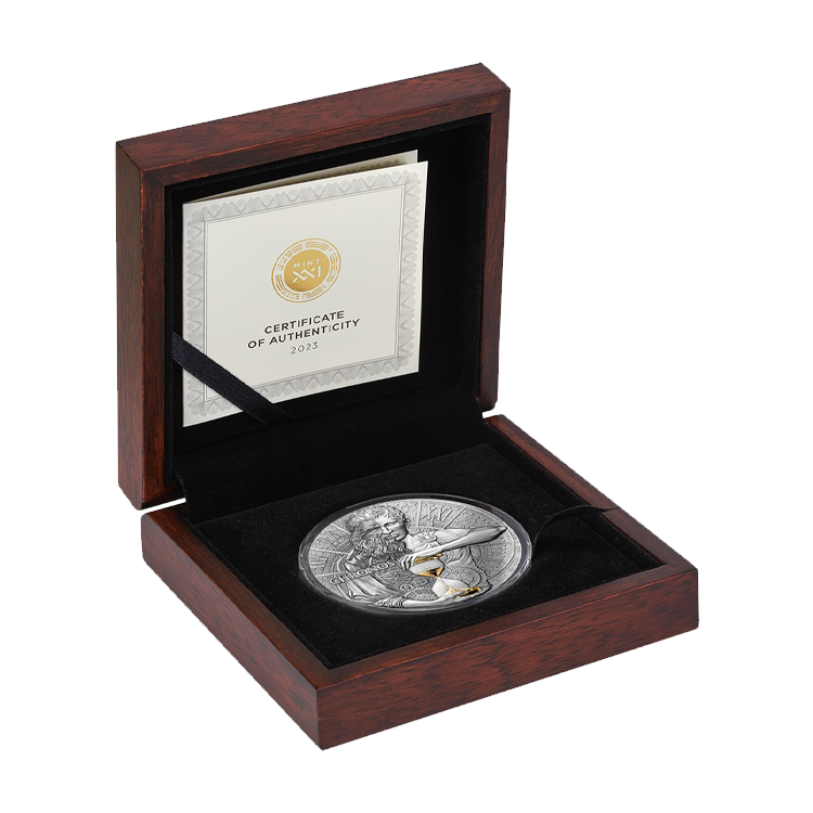 2 troy ounce zilveren munt Dual Essence serie - Chronos 2023 - antieke afwerking perspectief 2