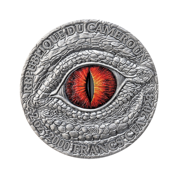 2 troy ounce zilveren munt Dragonology serie - Flaming Wyvern 2023 - antieke afwerking achterkant