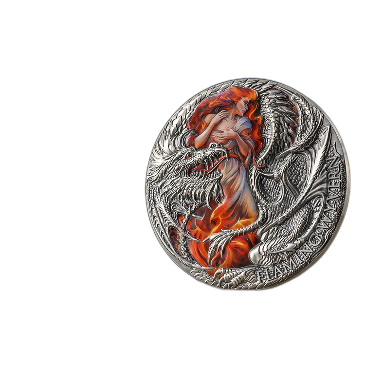 2 troy ounce zilveren munt Dragonology serie - Flaming Wyvern 2023 - antieke afwerking perspectief 3