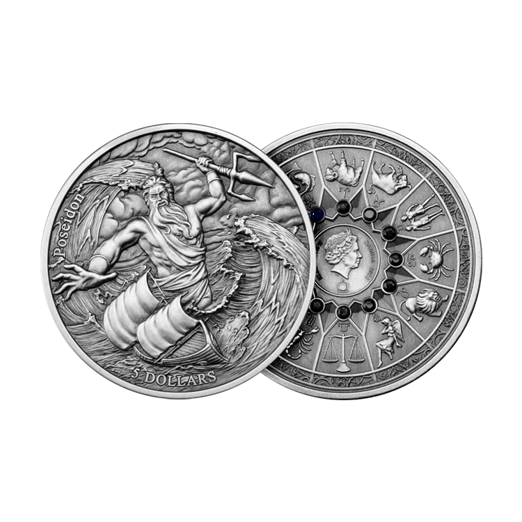 2 troy ounce zilveren munt 12 olympiers in de dierenriem - Poseidon vs Pisces perspectief 1