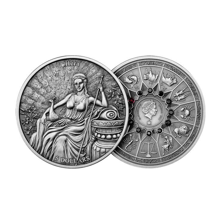 2 troy ounce zilveren munt 12 olympiers in de dierenriem - Hera vs Aquarius perspectief 1