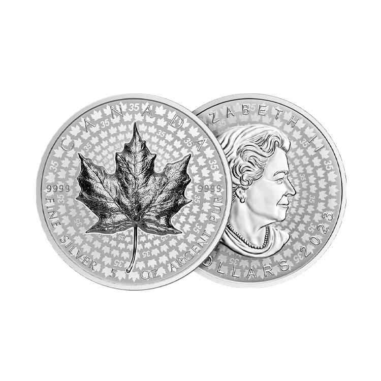 5 troy ounce zilveren Maple Leaf 2023 proof perspectief 1